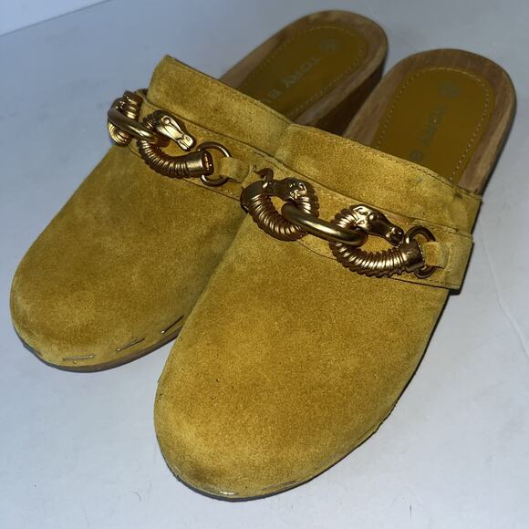 Tory‎ Burch Yellow Suede “Jessa” Horse-bit Wooden Clog Womens Size 5 - Picture 1 of 9